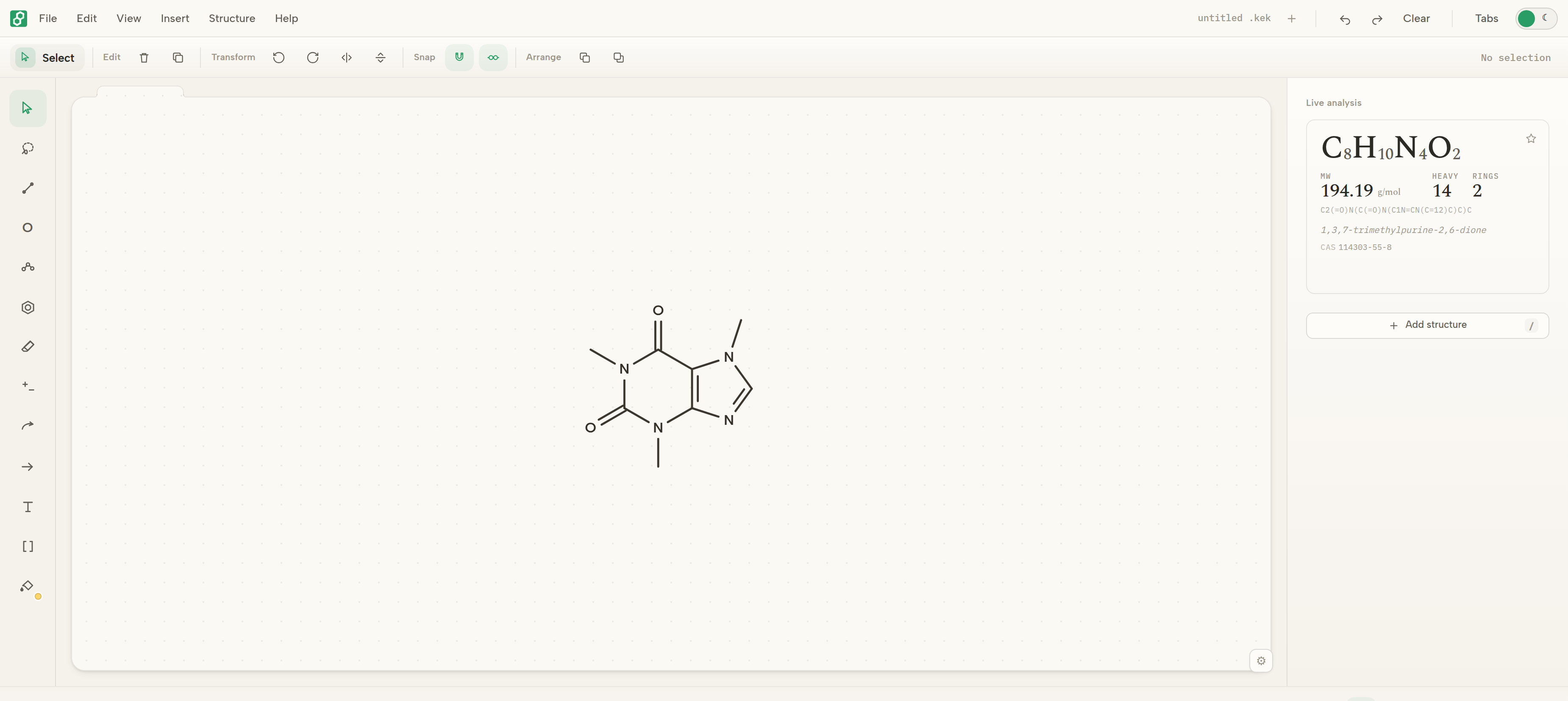 Structura structure editor showing caffeine drawn on the canvas, with live formula, molecular weight, SMILES and IUPAC name in the analysis panel
