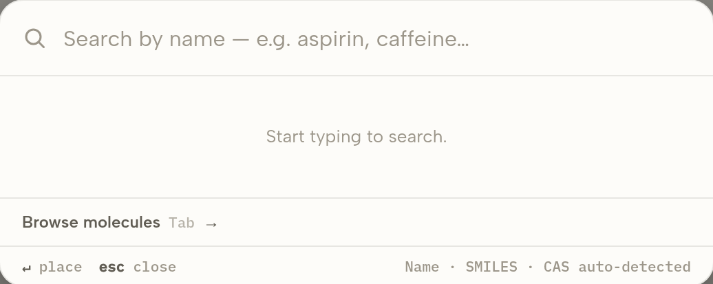 Structura's Add structure search box, ready to search PubChem by name, SMILES or CAS number